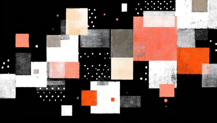 Abstract design of overlapping squares in varying shades of orange, peach, gray, and white on a black background