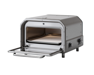 Stainless steel countertop oven with open door, showing interior baking sheet