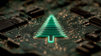A processor shaped like a christmas tree- glowing green on a computer's circuitry - holiday technology and AI artificial intelligence concept.