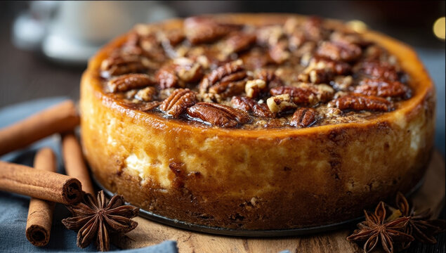 a mouthwatering photo of an exquisite pecan praline cheesecake