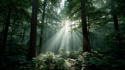 Sunlight Beams Illuminating Dense Green Forest with Tall Trees