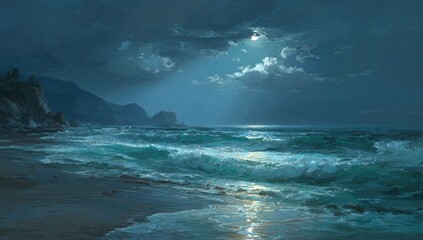 Moonlight washes a stormy beach. Dark, dramatic clouds hide the moon