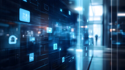 Futuristic interface with glowing blue icons overlayed on a blurred building interior view of a person