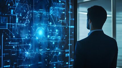 A man in a suit looks at a large screen displaying complex blue digital network visualizations