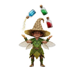 A whimsical fairy juggling colorful potions with a straw hat and leafy attire on transparent background