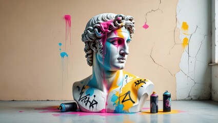 A Vibrant Antique Statue Bust Transformed with Neon Graffiti in a Modern Pop Art Fusion