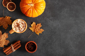 Cozy Autumn Flat Lay with Spiced Latte and Harvest Decor