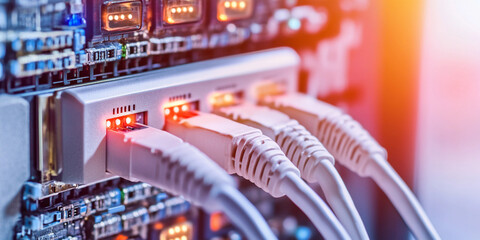 Network cables connected to a router in a data center Generative AI