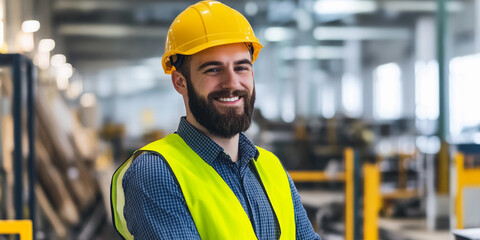 Smiling male engineer in safety gear at a worksite Generative AI