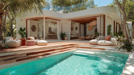 Modern villa with swimming pool and wooden deck overlooking tropical garden