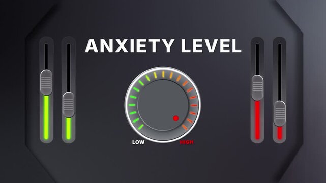 Animation of Anxiety level on a circular gauge moving from low to high and back. Can be used to show increase or decrease. Perfect for health, fitness, or data content.