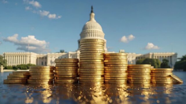 stacks of gold coins on a dark surface with the United States Capitol building in the distance, USD coins, American economy concept, created with generative ai