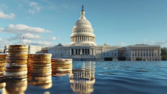 stacks of gold coins on a dark surface with the United States Capitol building in the distance, USD coins, American economy concept, created with generative ai