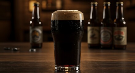 Dark Stout Beer on Wooden Bar.