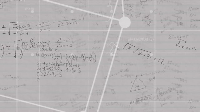 Hexagonal network fading in over grid-paper notes, rotating and expanding, revealing math solutions