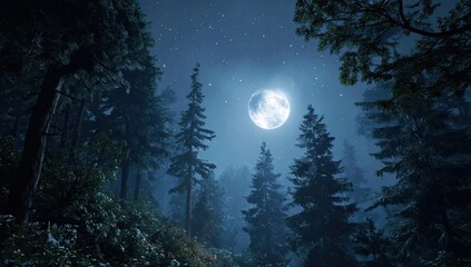 Naklejka premium Misty forest at night under a full moon