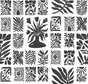 Seamless groovy linocut vector floral pattern with decorative botanical frames