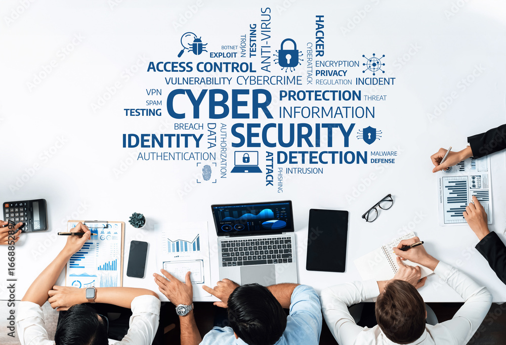 Poster a diverse team collaborates on cyber security strategies, analyzing data and discussing protection m