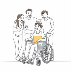 Happy boy in wheelchair laughing with friends indoors  