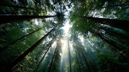 Sunlight Illuminating Tall Forest Trees with Majestic Beams Through the Green Canopy
