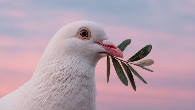 Close-up of a pure white dove holding a sprig of olive branches at sunset - Powered by Adobe