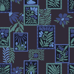 Seamless groovy linocut vector floral pattern with decorative botanical frames