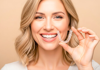 Woman smiling with clear aligners for teeth straightening