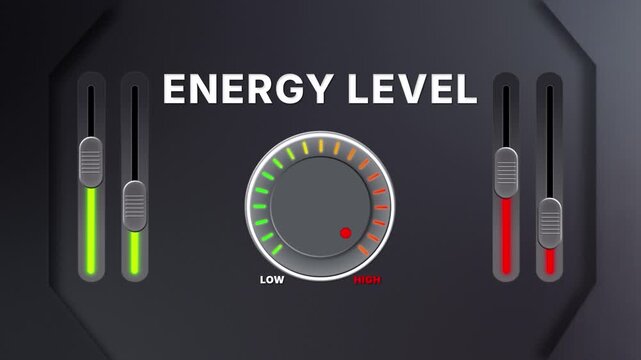 Animation of Energy level on a circular gauge moving from low to high and back. Can be used to show increase or decrease. Perfect for health, fitness, or data content.