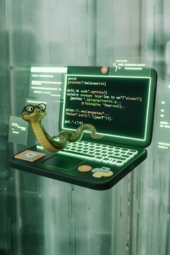 Playful 3d python snake typing on laptop keyboard, funny programmer joke for tech merchandise