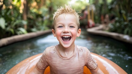 Happy Boy on Lazy River Tube Water Fun