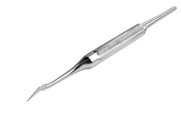 Stainless steel dental tool with curved tip and handle, isolated on black