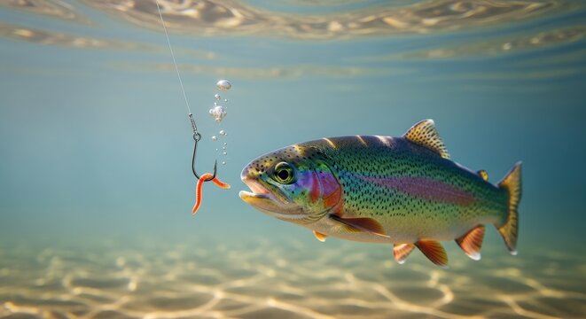 A trout fish underwater approaches a fishing hook with a worm as bait. Fishing hobby and recreational activity concept.