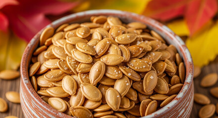 A bowl filled with roasted and salted pumpkin seeds snack