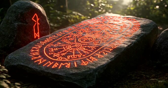 Ancient rune stone illuminated in a mystical forest