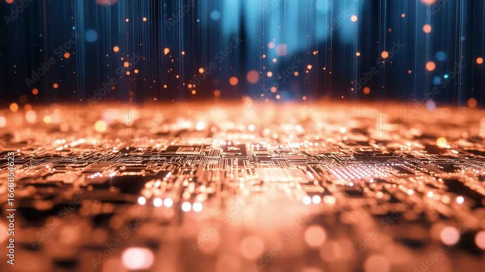 Poster vibrant digital landscape showcases glowing circuit patterns and shimmering lights, creating captiva