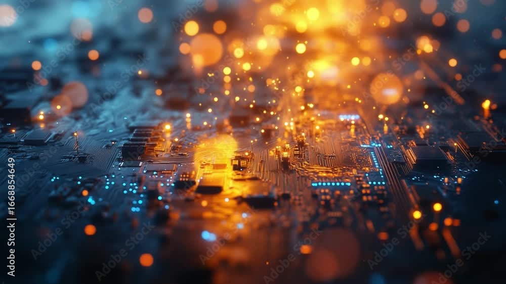 Poster close up of circuit board with glowing lights and intricate patterns, showcasing vibrant colors and 
