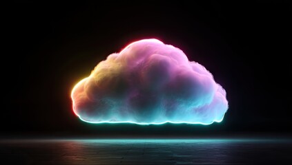 A fluffy, dark-grey cloud, outlined in vibrant pink, yellow, and cyan neon light, floats above a reflective surface against a black background
