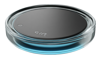 Circular digital kitchen scale with transparent base