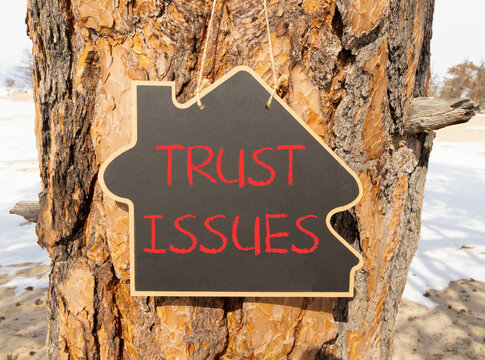 Trust issues symbol. Concept word Trust issues on beautiful black blackboard. Beautiful old pine tree background. Black blackboard. Business trust issues concept. Copy space.