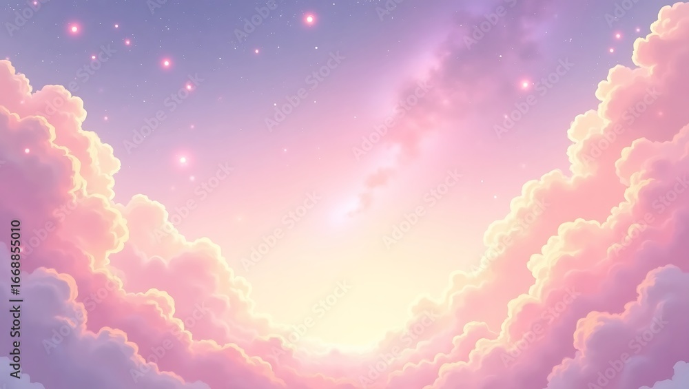 Poster a dreamy sky background with soft pink and purple clouds. a magical and ethereal scene with glowing 
