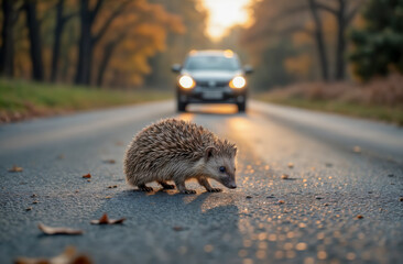 Hedgehog crossing a road at sunset with a car approaching in the background
