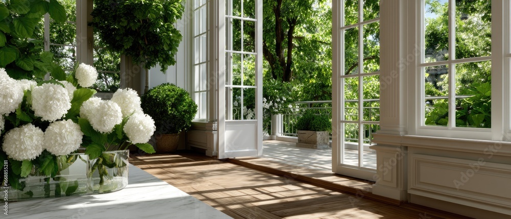 Poster lush flowers cascade over a wooden path next to an open window, creating a peaceful and inviting atm