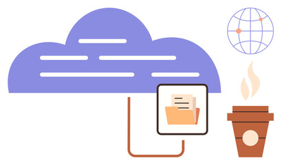Cloud structure connected to a folder, globe with nodes, and coffee cup. Ideal for cloud storage, global data, file sharing, remote work, digital access, networking simple flat metaphor