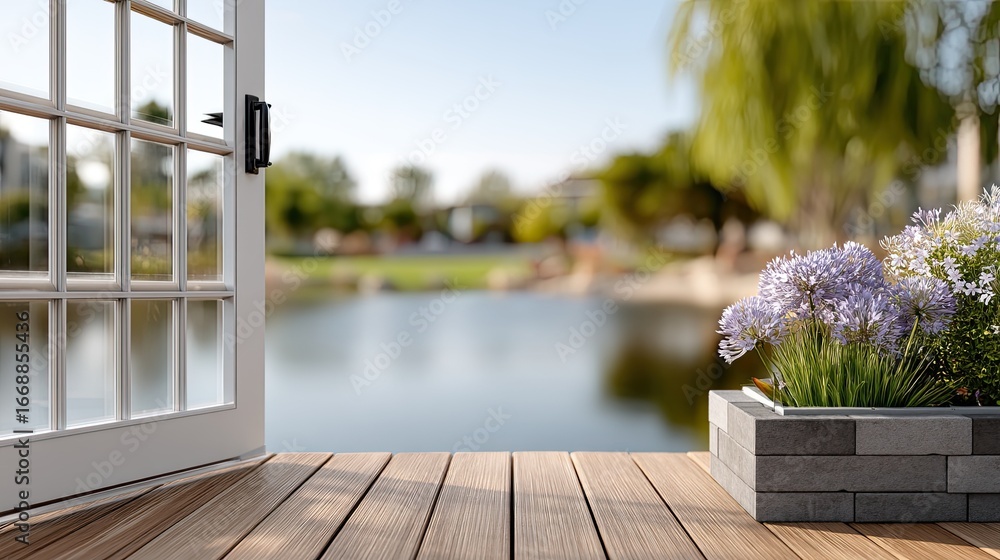 Poster lush flowers cascade over a wooden path next to an open window, creating a peaceful and inviting atm