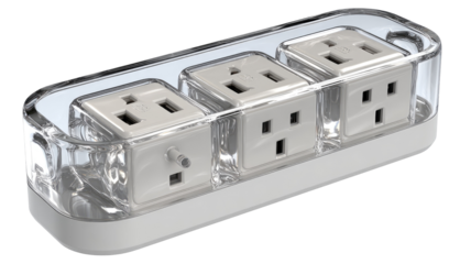 Three-outlet power strip housed in a clear acrylic case