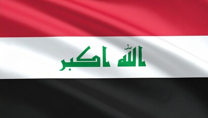 "Iraq national flag with red, white, and black horizontal bands featuring green Kufic script 'Allahu Akbar'—symbolizing Arab unity, Islamic faith, and national sovereignty."