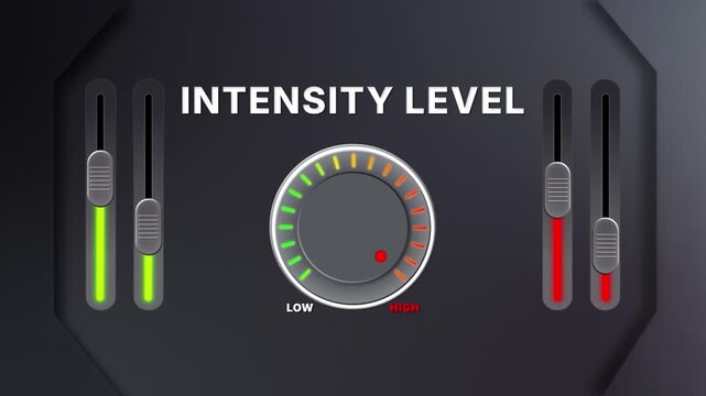 Animation of Intensity level on a circular gauge moving from low to high and back. Can be used to show increase or decrease. Perfect for health, fitness, or data content.