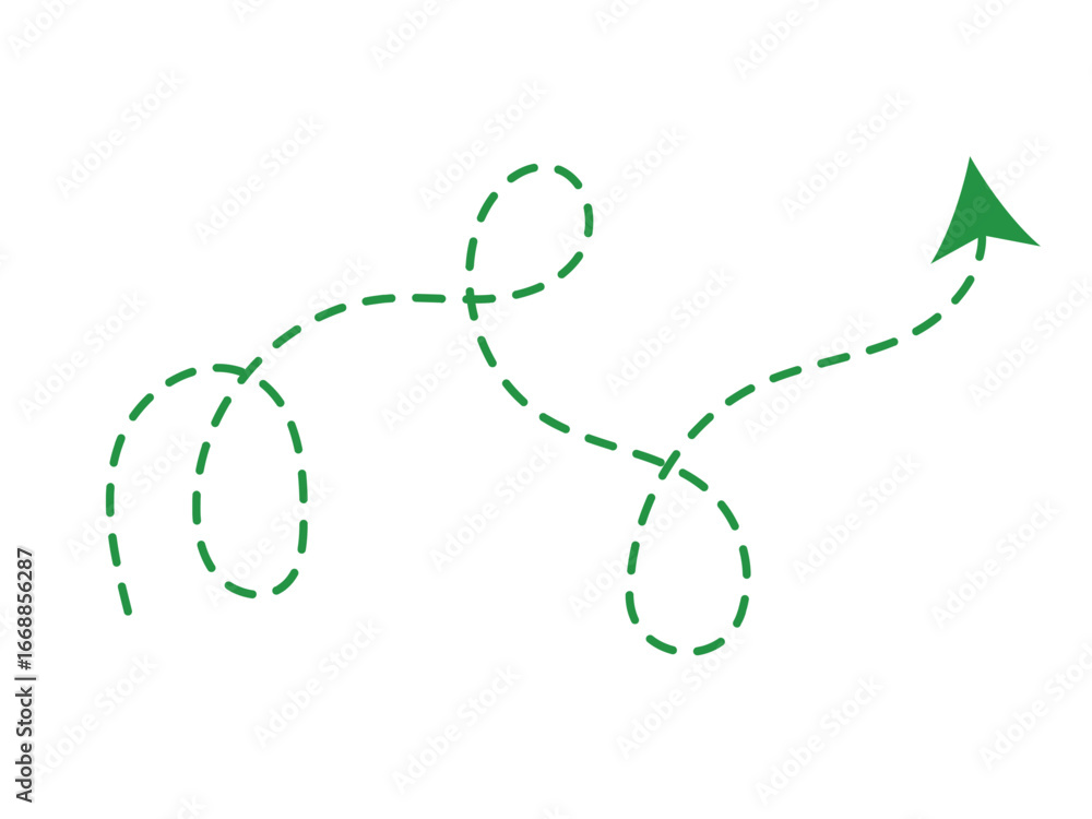 Aufkleber a green dashed arrow follows a winding path with loops and curves, pointing upwards and to the right