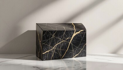 Elegant black marble box with golden veins on white marble surface  