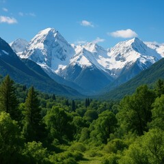 Fototapeta premium Majestic snow-capped mountains and lush green forest under clear blue sky